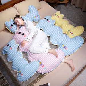 Plaid Long Bolster Pillow Cute Cartoon Cat Shape Pregnancy Side Sleeper Pillow Washable Bedding Cushion for Home