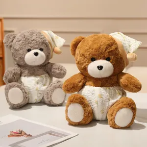 Adorable teddy bear plush toy pair wearing sleep caps and floral shorts, sweet gift.