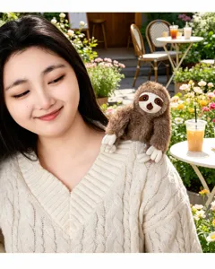 Close-up detail of cute brown sloth plush toy sitting on model's shoulder in garden cafe.