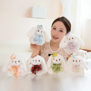 New cute lolita style plush rabbit pendant with floral dress, soft doll keychain bag decor