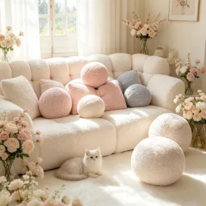 Cute Bowknot And Ball Plush Throw Pillow Minimalist Solid Color Cushion For Sofa Bed Living Room Home Decor