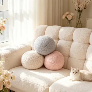 Soft round knitted decorative throw pillows for sofa, cute solid color ball cushion home decor.