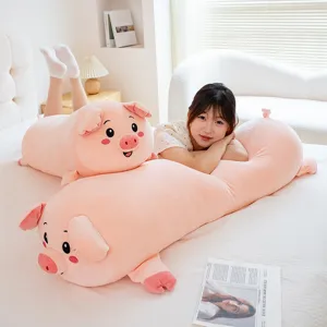 Cute pink pig long plush body pillow for side sleeping, cozy bed and sofa plush doll cushion.