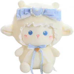 Cute fluffy sheep plush toy doll with blue bow, sweet kawaii stuffed animal for birthday gift.