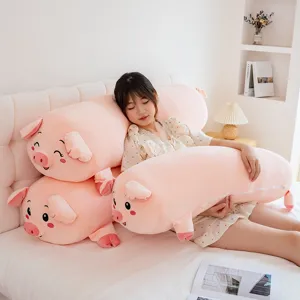 Cute pink pig long body pillow for sleeping, soft plush cartoon pillow and bed cushion.