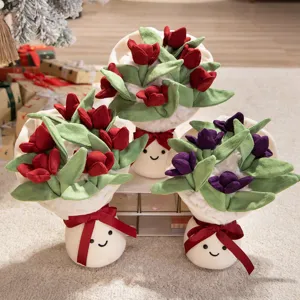 Cute plush tulip flower bouquet doll with smiling face pot and red ribbon gift decoration.
