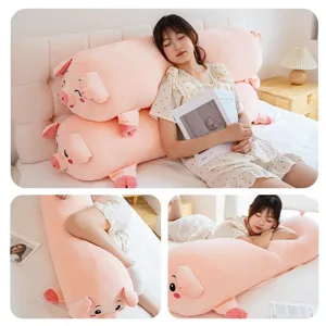 Cute pink pig long bolster pillow, soft plush side sleeping leg pillow for bed and sofa.