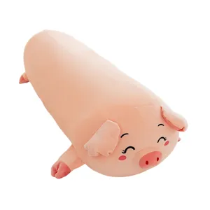 Cute pink pig long plush body pillow for sleeping, side sleeper leg support cushion.