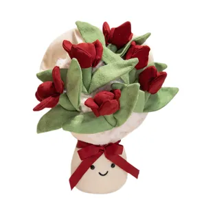 Cute plush tulip bouquet doll with smiling face, soft stuffed flower gift for Valentine's Day.