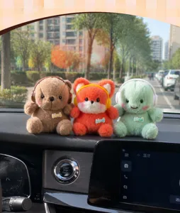Cute car dashboard plush toys set, cartoon animal dolls with headphones for auto decoration.