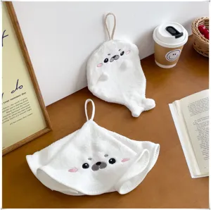 Cute cartoon seal hanging hand towel for kitchen and bathroom, soft absorbent thick towel.