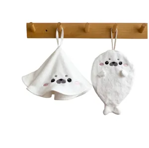 Cute cartoon seal hanging hand towel for kitchen, highly absorbent thickened plush dishcloth