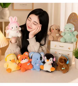 Cute cartoon animal plush doll toys with headphones, soft stuffed dolls for car and room decor