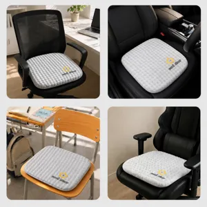 Cojín de asiento de espuma viscoelástica con escenarios de uso en oficina y coche.