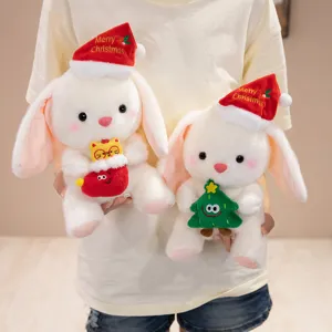 Adorable pareja de peluches de conejo navideño con árbol y calcetín, suave muñeca de regalo.