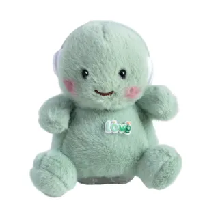 Cute green plush toy doll with headphones and love badge for car decoration and fun interior styling.
