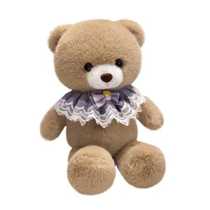 Simpatico orsetto di peluche marrone con colletto di pizzo viola bambola morbida regalo