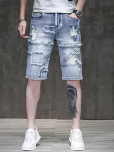 Summer mens light blue distressed denim shorts casual streetwear fashion five-point pants