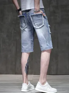 Men's light blue distressed denim shorts, high street vintage washed five-point pants.