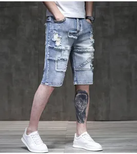Mens light blue distressed denim shorts summer casual streetwear stylish patchwork five-point jeans