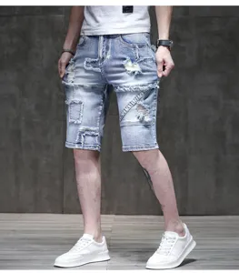 Men's light blue distressed denim shorts, summer casual slim fit fashion five-point pants.