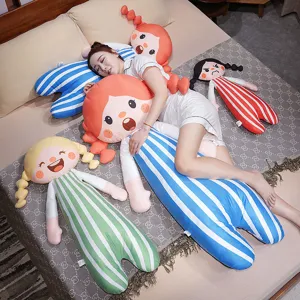Cute Cartoon Girl Long Body Pillow Soft Plush Hugging Pillow Striped Sleeping Companion Pillow For Bed Room Home Decor