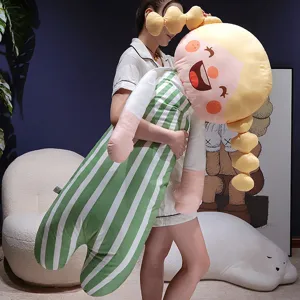 Cute girl long plush body pillow for sleeping, soft huggable stuffed toy for bedroom decor.