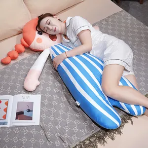Cute girl long body pillow, blue and white striped plush hugging pillow for sleeping in bed
