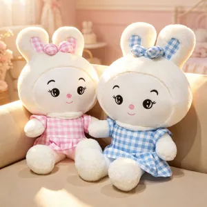 Cute Rabbit Plush Toy Stuffed Animal Doll Soft Pillow With Plaid Dress Cute Cartoon Bunny Toy Birthday Gift For Girls