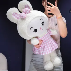 Cute plush rabbit doll with pink plaid dress and bow, soft stuffed toy for girls gift.