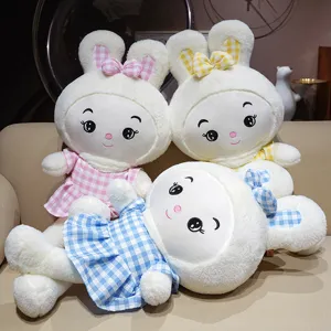 Cute plush rabbit doll toy with plaid dress, soft stuffed animal gift for girls birthday.