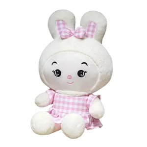Cute rabbit plush toy bunny doll with pink plaid dress soft stuffed animal for children gift