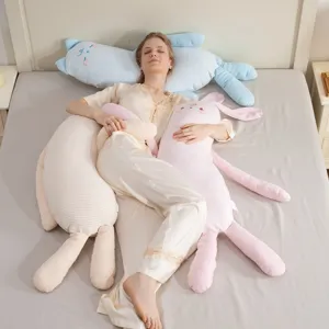 Cute long rabbit plush body pillow for side sleeping and pregnant women daily comfort.