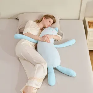 Long plush body pillow for side sleepers, pregnant women sleeping support, blue striped design.