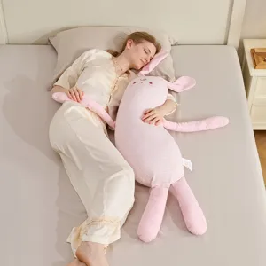 Pink striped rabbit long body pillow for side sleeping, soft plush pregnant support cushion.