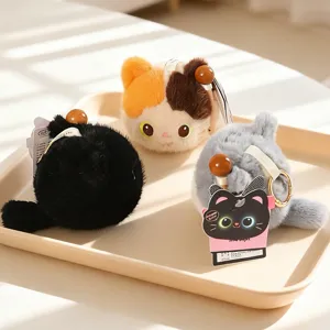 Cute lucky wooden fish cat plush bag charm, mini lucky cat keychain pendant for decor.