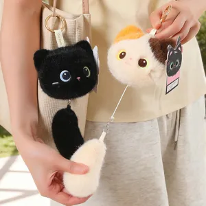 Cute cat plush bag charm and keychain, fluffy stuffed animal toy pendant for backpack.