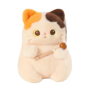Cute calico cat plush toy pendant with wooden mallet, soft stuffed animal keychain.