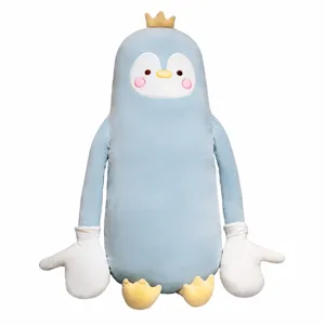 Cute blue penguin plush body pillow, soft stuffed animal toy with crown and big hands.