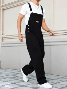 Men's black denim overalls detailed shot, featuring straight-leg casual streetwear style.