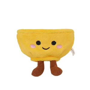 Cute plush yellow bowl toy with dangling corduroy legs stuffed doll desktop decor gift