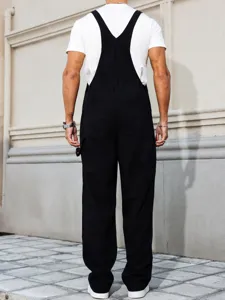 Mens black denim overalls streetwear casual cargo jumpsuit straight leg pants back view details