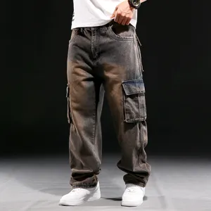 Men's loose straight fit cargo jeans with multi pockets, vintage washed distressed denim style.