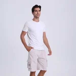 Men casual cargo shorts detail view, loose fit summer short pants with side pocket design.