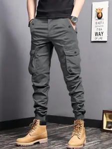 Herren taktische Cargohose schmale Passform Freizeit Jogginghose dunkelgrau Fruehling