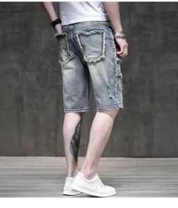 Men's light blue distressed denim shorts casual vintage streetwear five-point summer pants