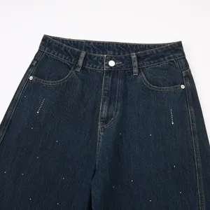 Streetwear weite gerade Denim Jeans mit Strass Regentropfen Design für Damen und Herren