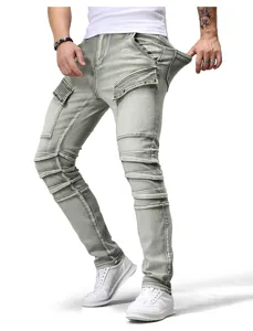 Ανδρικό Τζιν Biker Patchwork Slim Fit Denim Παντελόνι Ρετρό Πράσινο Μόδα Streetwear
