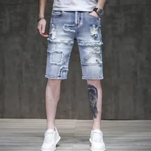 Men's Summer Casual Ripped Denim Shorts High Street Vintage Distressed Slim Fit Stretch Five-Quarter Pants