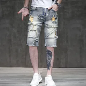 Men Summer Ripped Denim Shorts Light Vintage Streetwear Distressed Elastic Bermudas